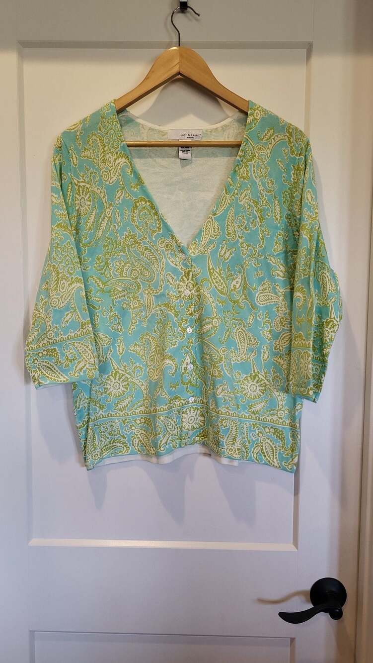 Lucy & Laurel Woman Plus Size 1X Blue and Lime Paisley V-Neck Cardigan